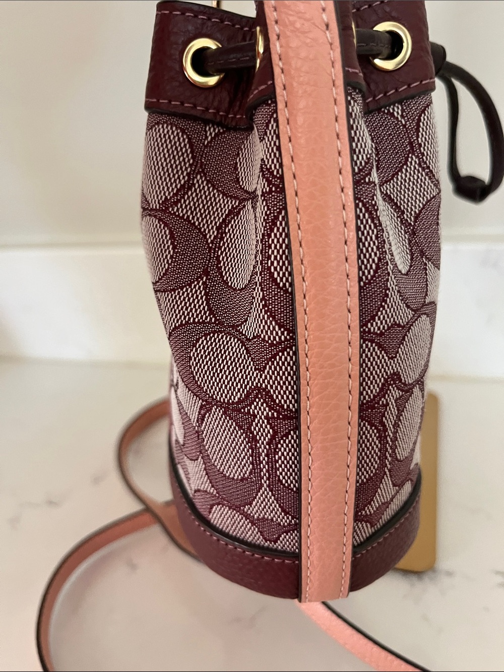 NWOT Coach Mini Dempsey Burgundy Signature Drawstring Bucket Bag - Picture 8 of 12
